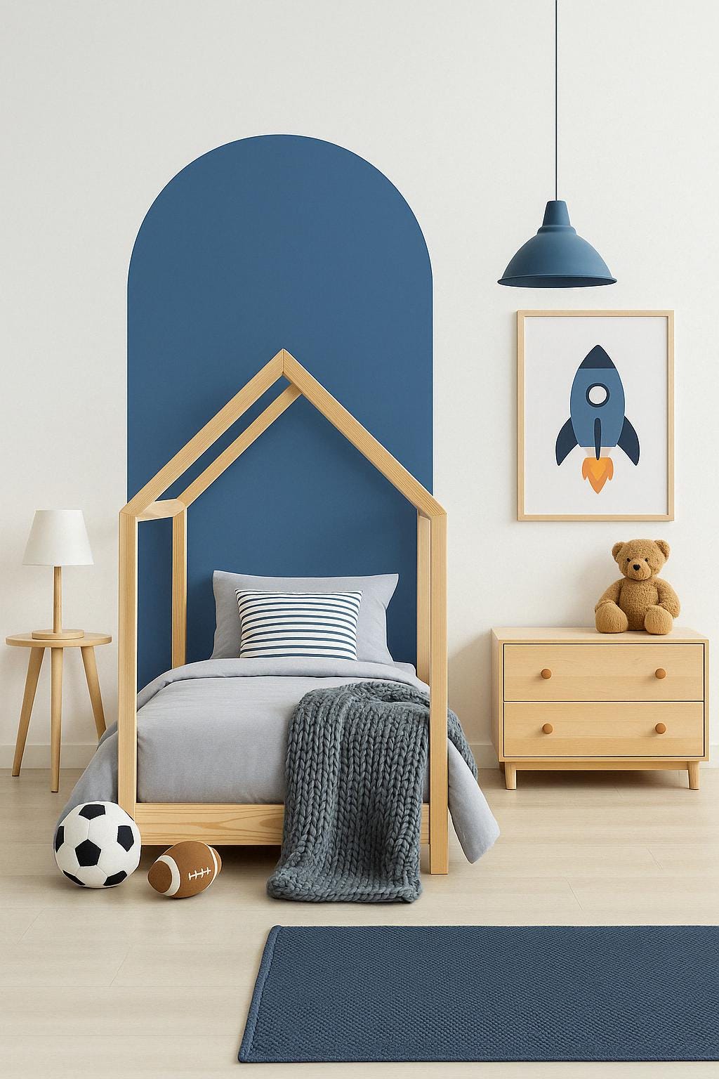 Kids room featuring a modern arch wall decal in blue, a wooden bed frame, and playful decor elements.