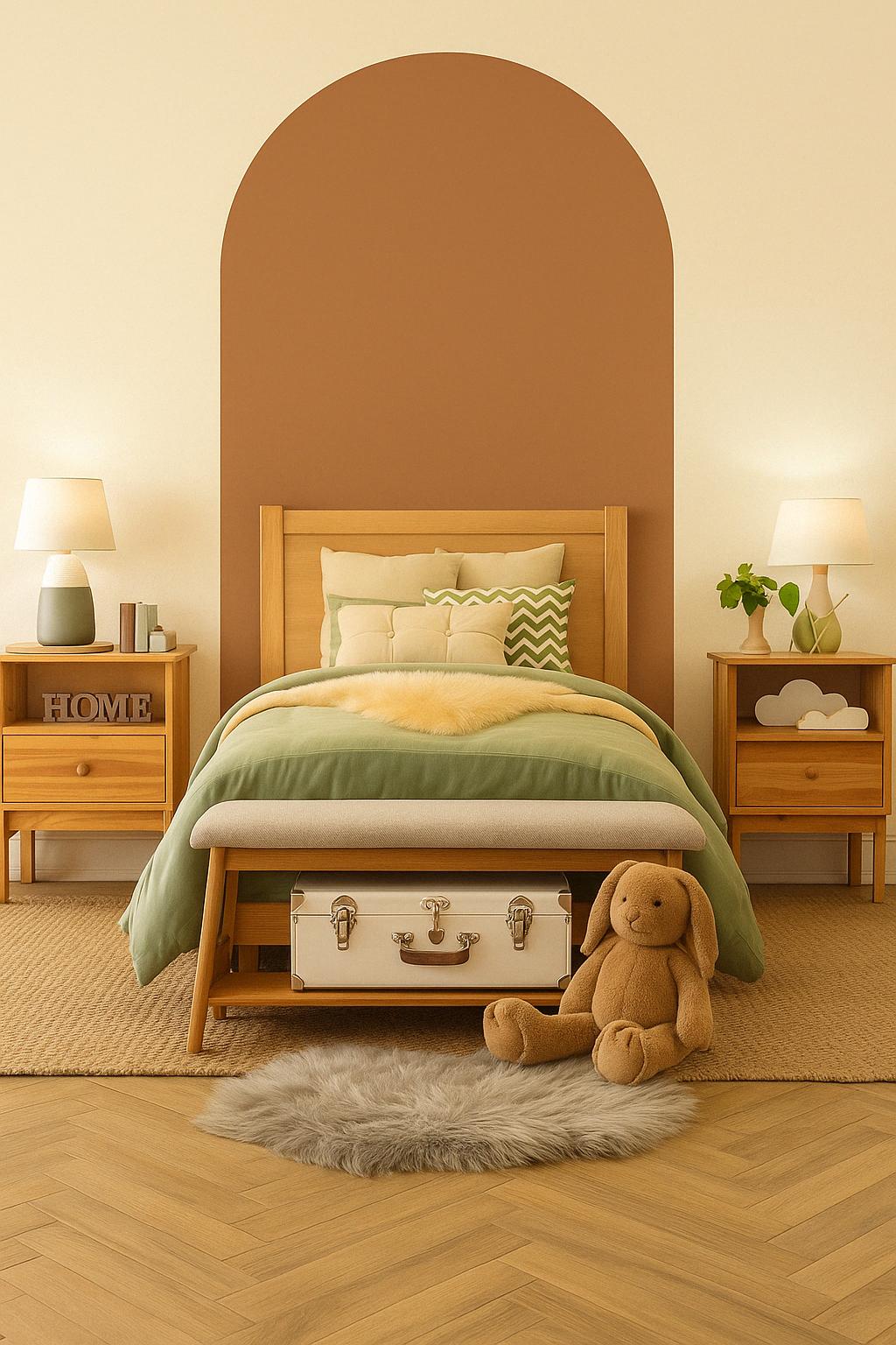 Cozy kids room featuring a Modern Arch Wall Decal backdrop, wooden bed, and soft bedding with stuffed toys.