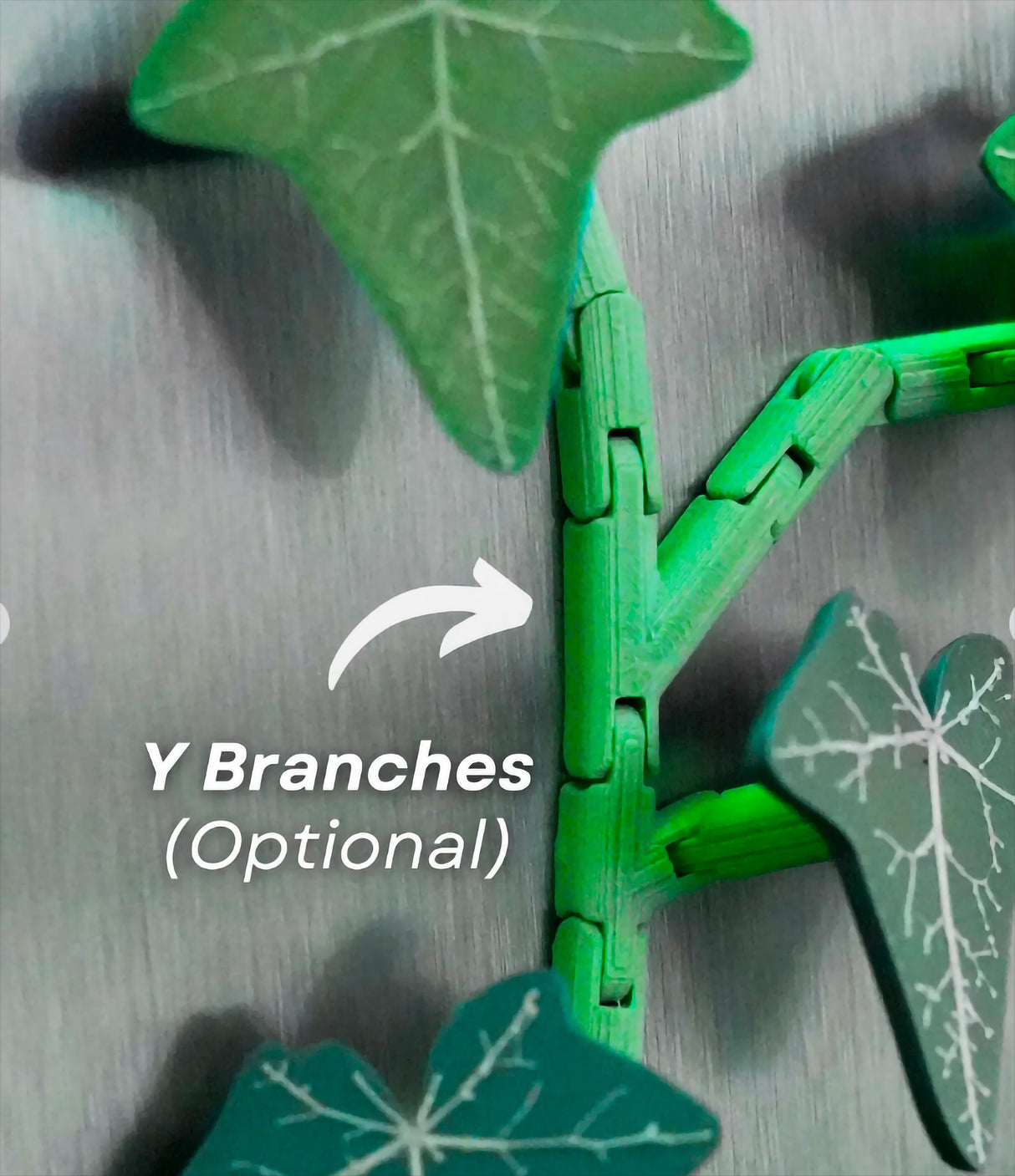 Close-up of Morning Glory fridge magnets showing optional Y branches for customizable design.