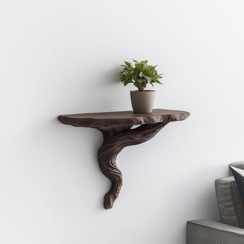 Organic twisted root wall shelf with potted plant, adding rustic charm to modern decor.