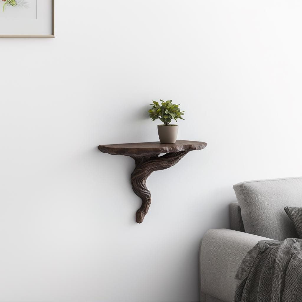 3D printed twisted root wall shelf with a plant, adding rustic organic decor to a modern living space.