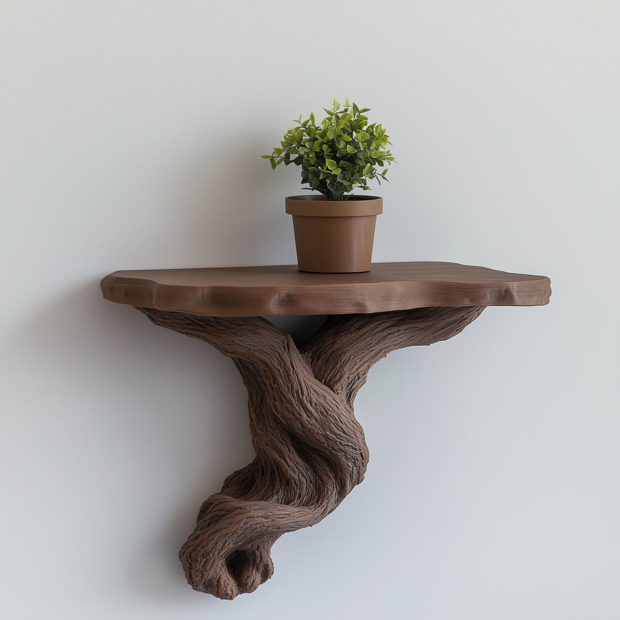 3D printed tree root floating shelf with potted plant, showcasing rustic decor and nature-inspired design.