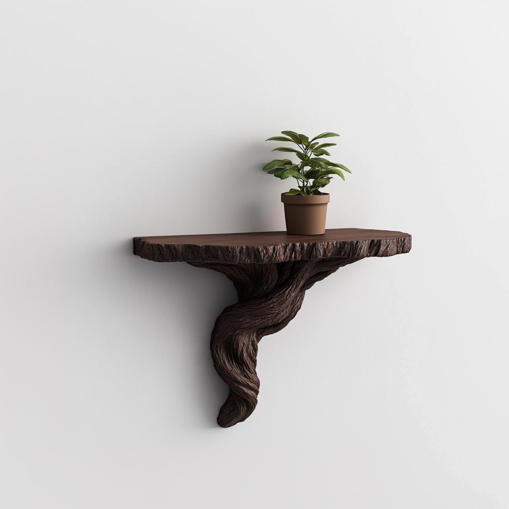 Organic tree root wall shelf with a potted plant, enhancing rustic home decor and nature-inspired accents.