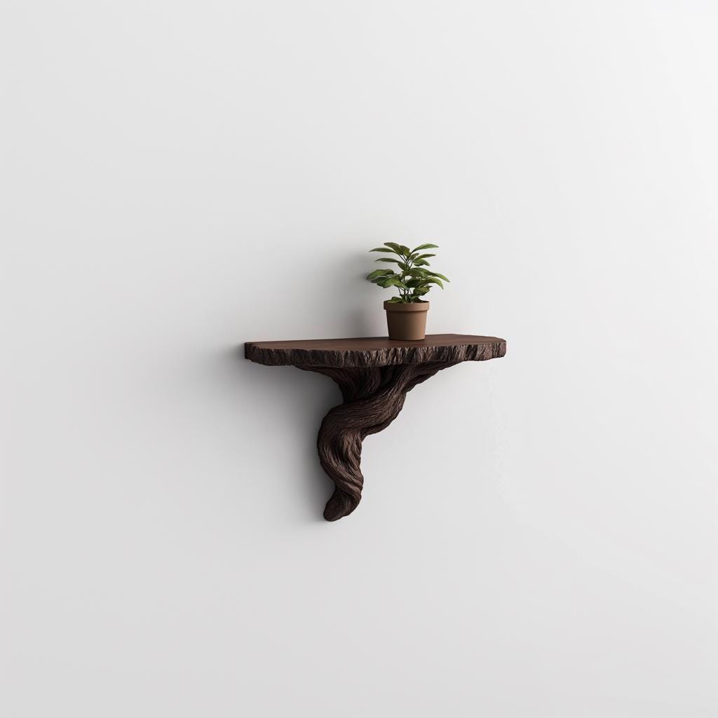 Organic tree root wall shelf with small potted plant, adding rustic nature decor to any wall.