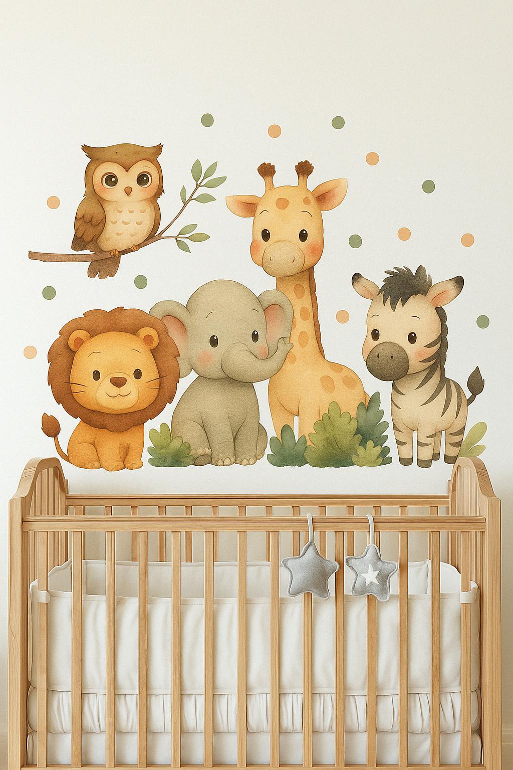 Safari animal wall decals featuring a lion, elephant, giraffe, zebra, and owl above a crib in a cozy nursery.