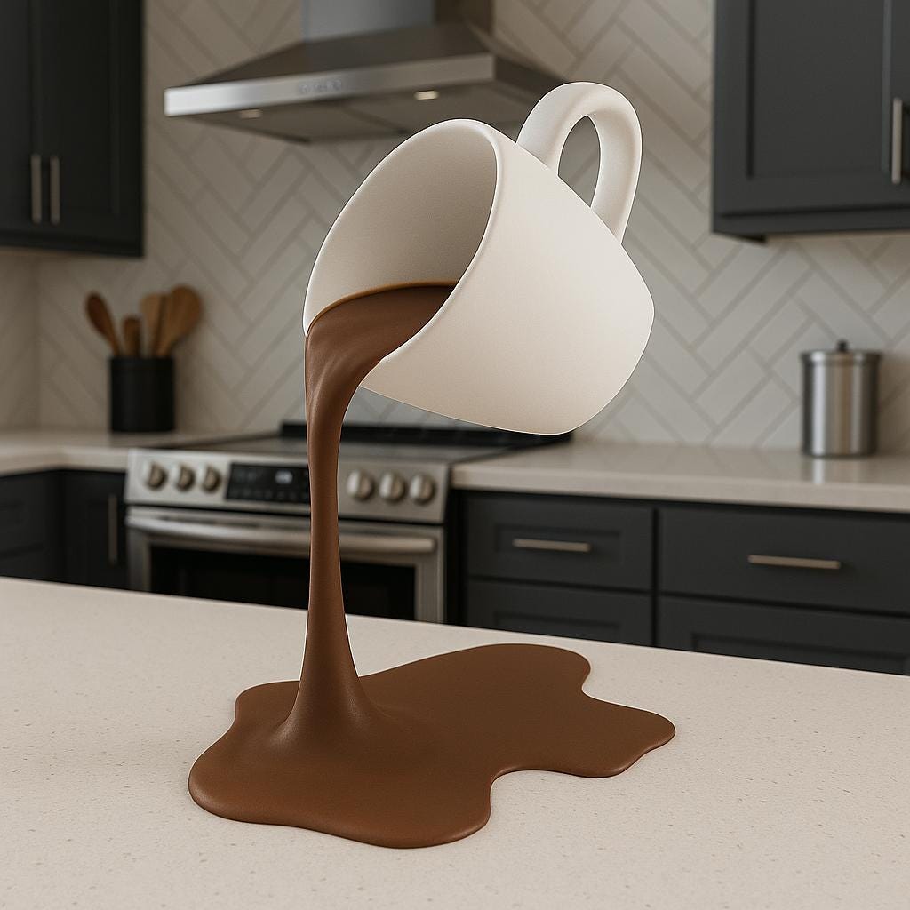 Floating Spilling Coffee Cup | 3D Printed Coffee Sculpture Optical Illusion Decor | Coffee Lover Gift Kitchen Table Centerpiece Barista Art