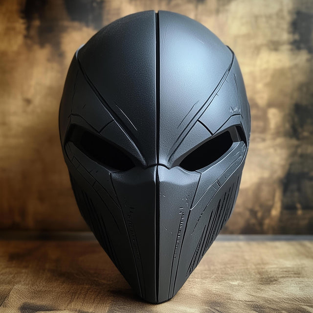 Futuristic black 3D printed warrior face mask, perfect for cosplay and Halloween costumes.