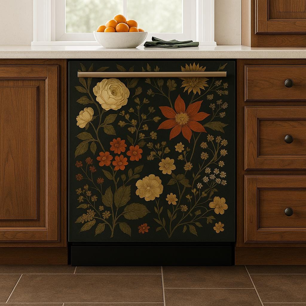 Vintage floral dishwasher magnet cover with dark botanical design in a cozy kitchen setting.