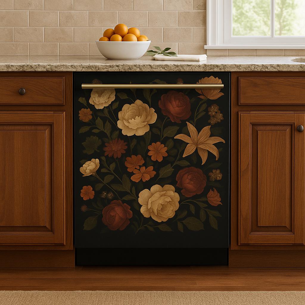 Vintage rose dishwasher cover featuring floral design with golden, red, and orange blooms on a dark background.