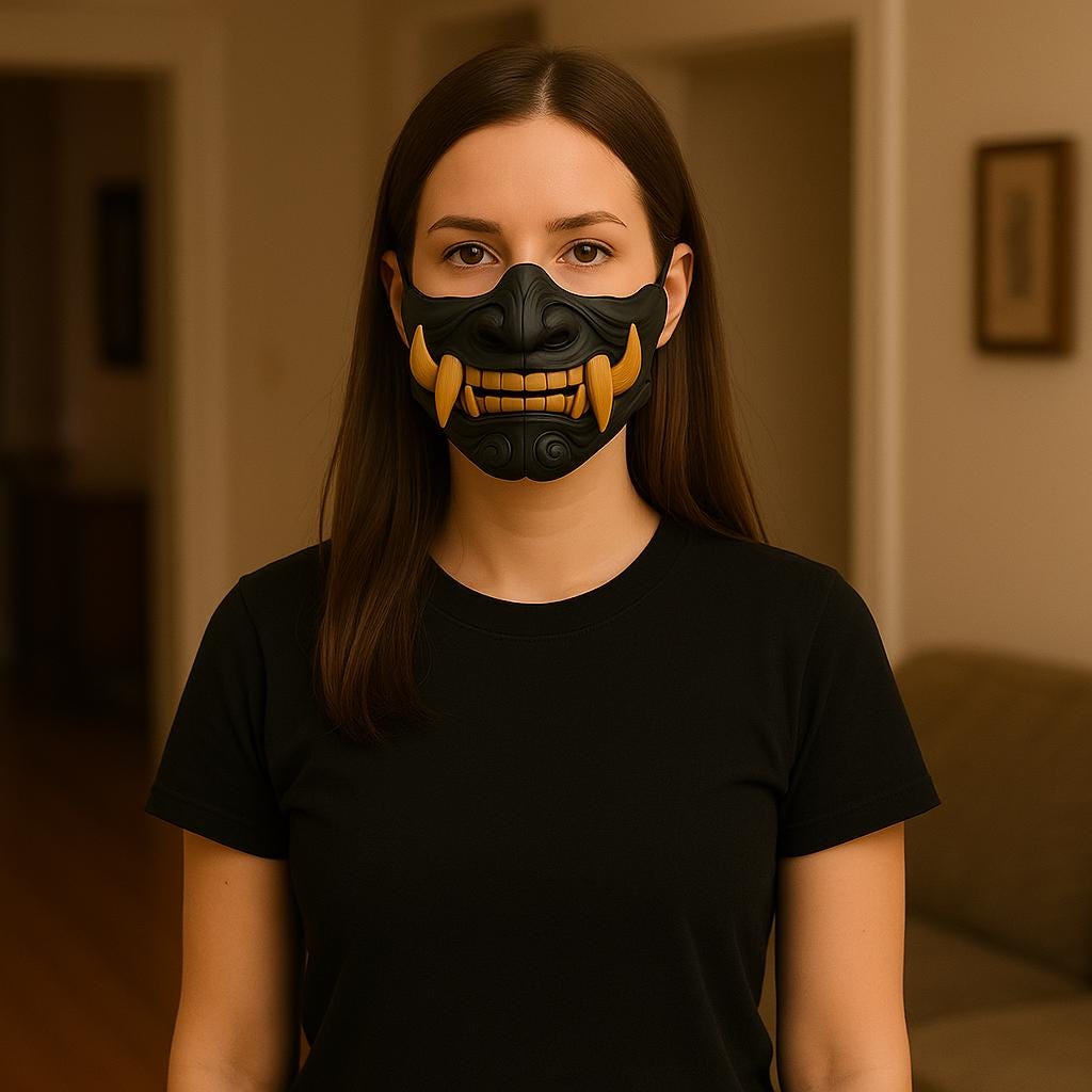 Half Oni Mempo Mask worn by a model, showcasing intricate design and vibrant colors for cosplay or Halloween.