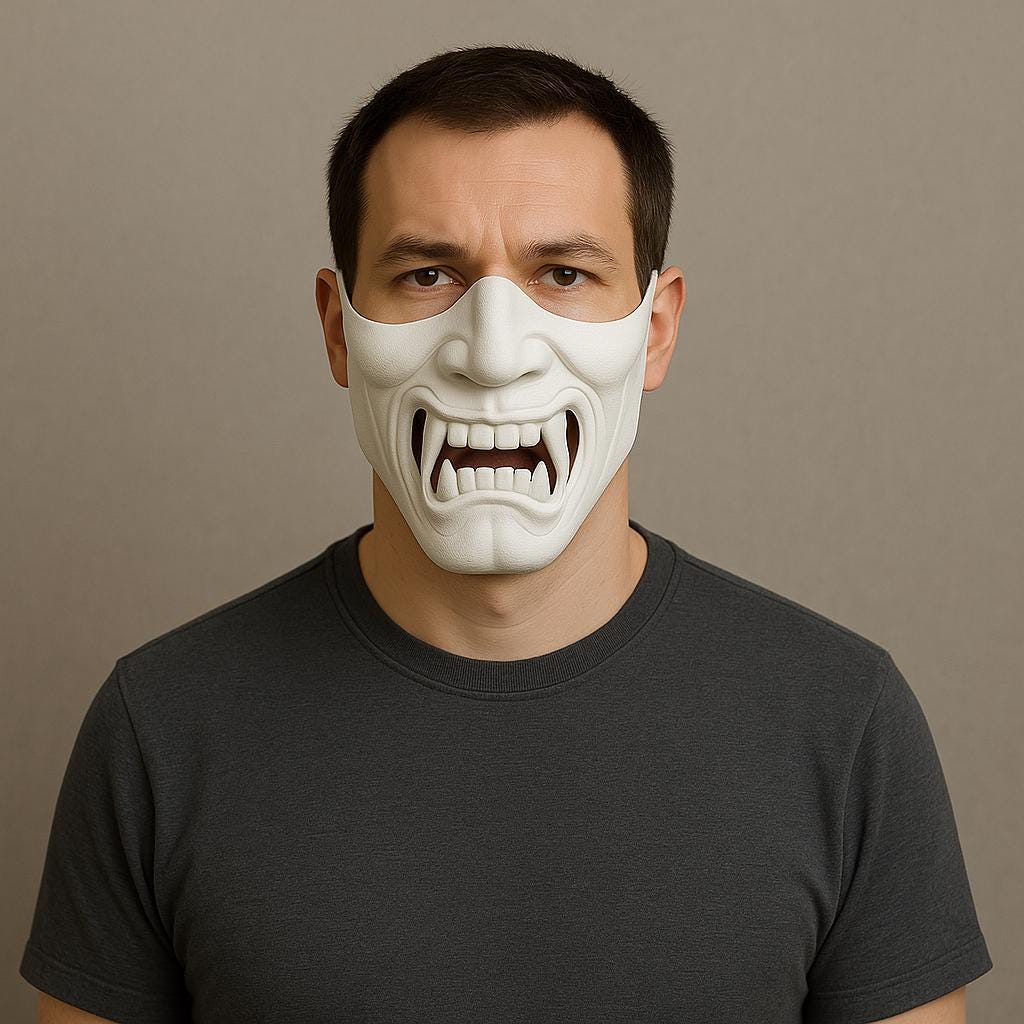 White Oni half face mask worn by a man, perfect for cosplay, Halloween, and samurai-themed costumes.