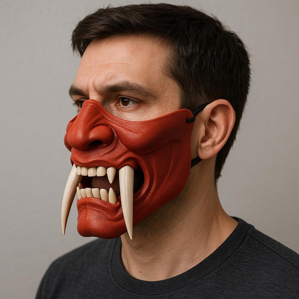 Two-color Oni half face mask showcasing fierce tusks, perfect for cosplay, Halloween, and themed events.