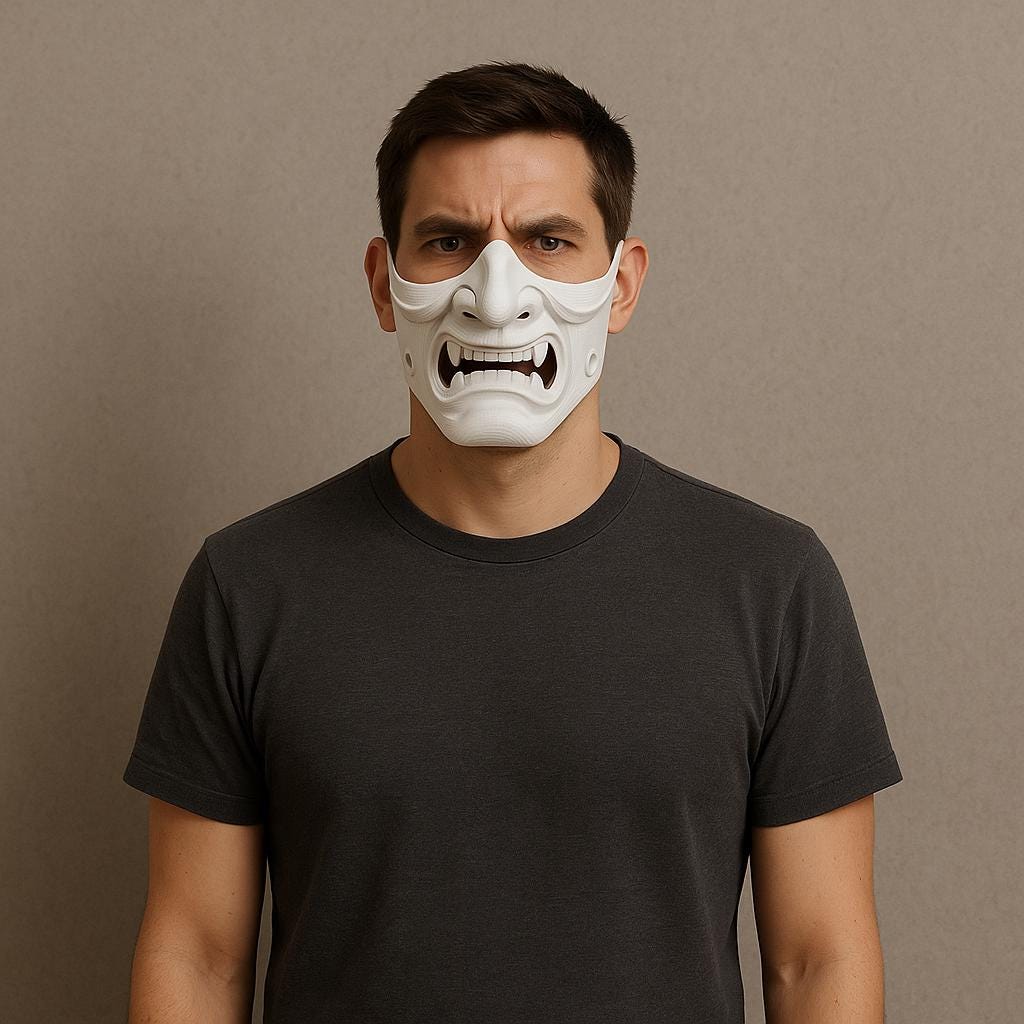 Man wearing a white Oni half-face mask showcasing a fierce expression, perfect for cosplay and Halloween.