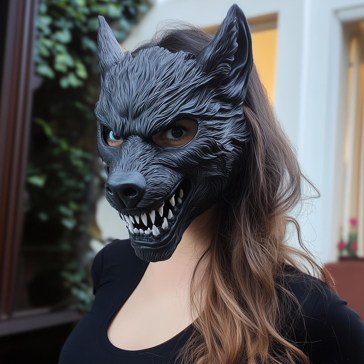 Realistic werewolf cosplay mask featuring snarling fangs and fur texture, perfect for Halloween or horror-themed events.