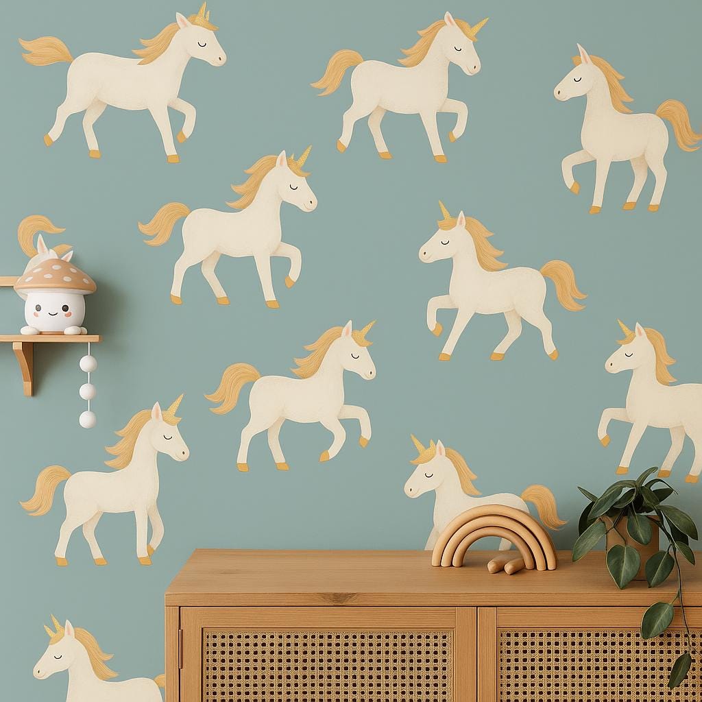 Enchanting unicorn wall decals in soft watercolor tones adorning a nursery wall.