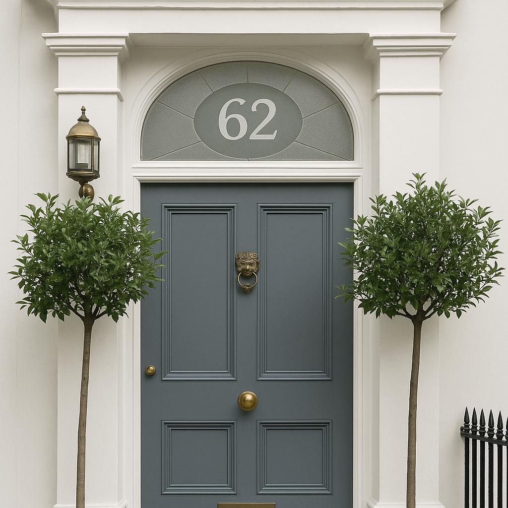 Elegantly styled front door with number 62, flanked by topiary trees and warm lantern, showcasing classic Victorian architecture.