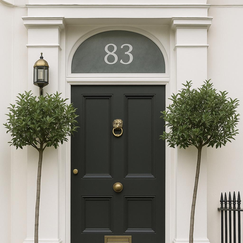 Elegant black front door with the number 83 displayed in a frosted fanlight arch, flanked by two topiary trees.