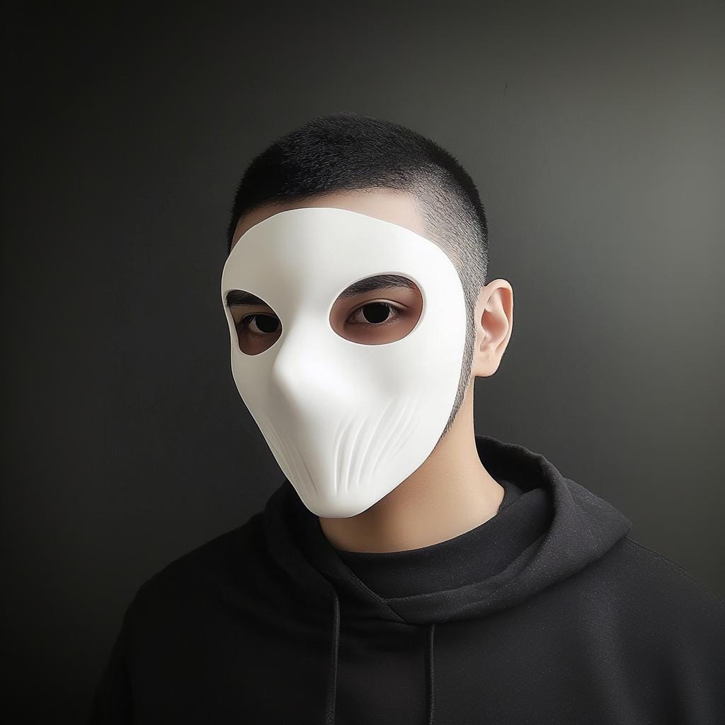 White matte 3D printed full face mask worn by a person, ideal for cosplay, Halloween, or photoshoots.