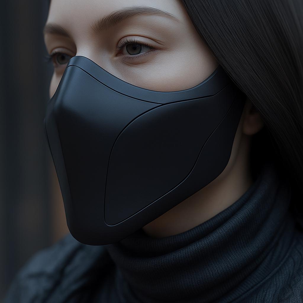 Matte black half-face mask worn by model, featuring sleek design for cosplay and futuristic style.