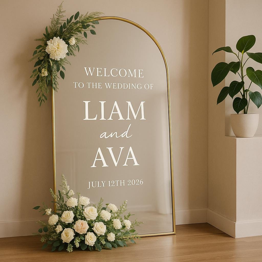 Elegant wedding mirror decal for Liam and Ava's special day, featuring date and floral accents.