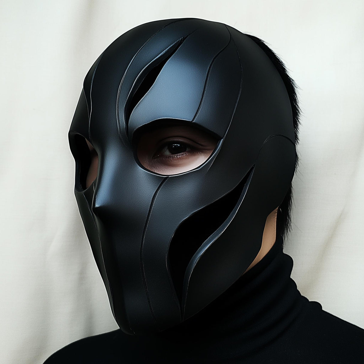Black tactical face mask with angular cutouts, perfect for cosplay and Halloween costumes.