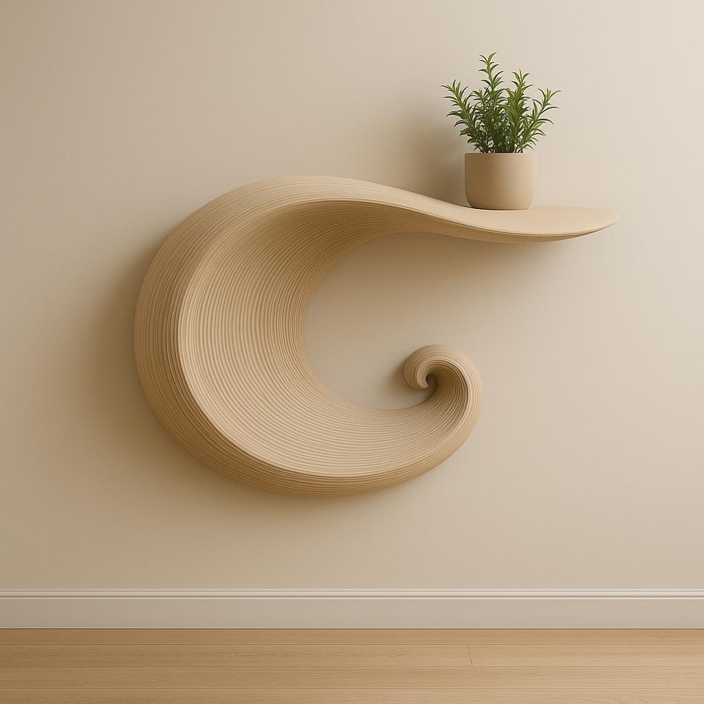 Wave-inspired 3D printed floating shelf with plant, modern minimalist wall art decor.