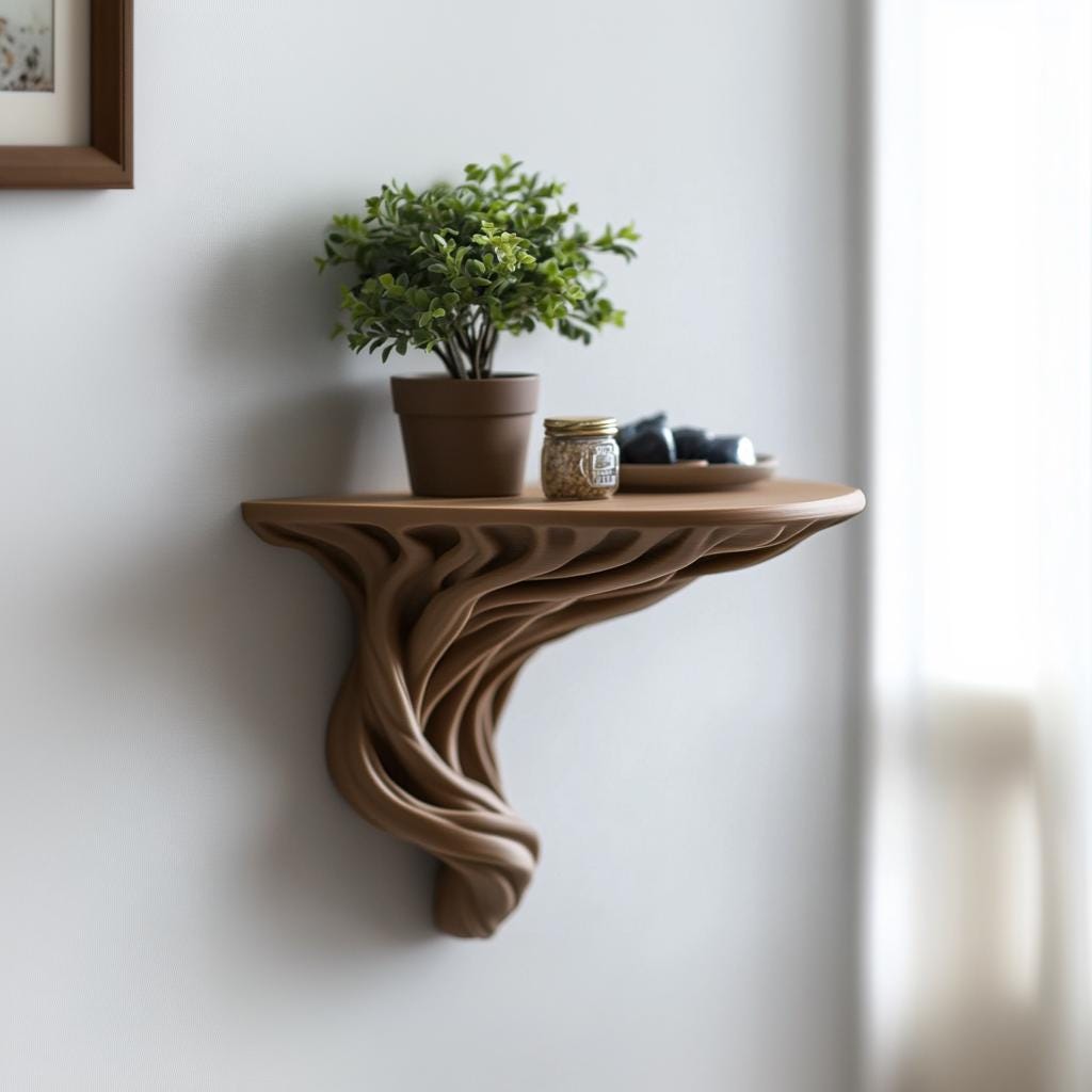 Organic tree root wall shelf with potted plant, rustic design, perfect for boho wall decor and plant display.