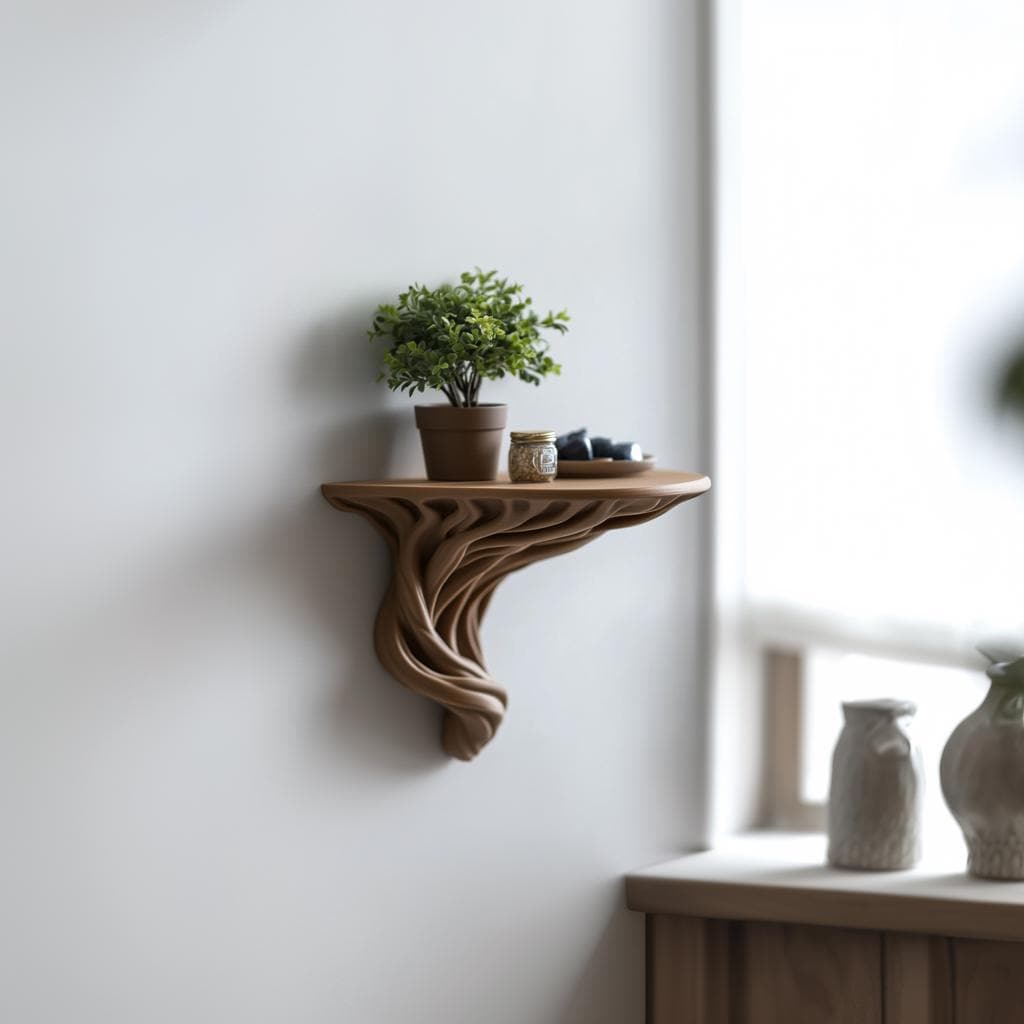 Tree root-inspired floating shelf with a potted plant, perfect for rustic and boho wall decor.