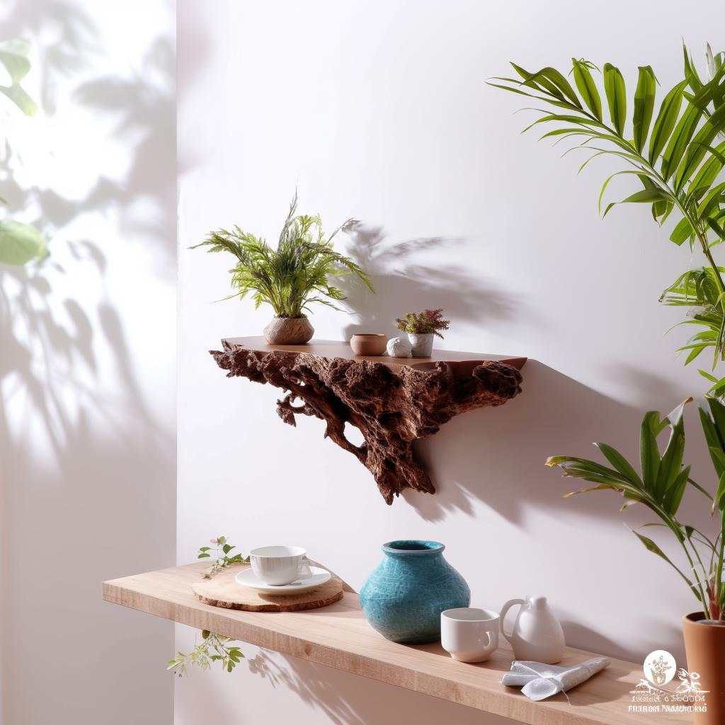 Tree root-inspired floating shelf holding plants, perfect for rustic home decor and display of small items.