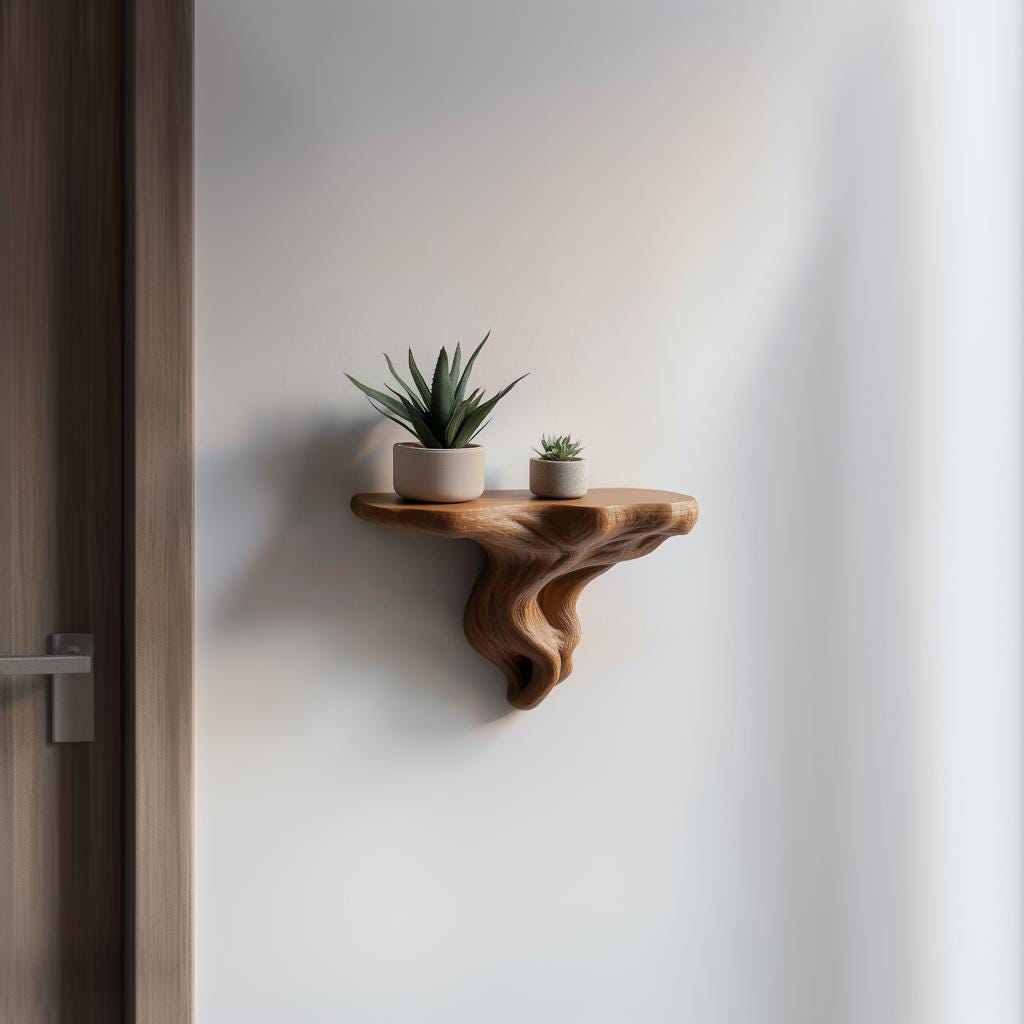 Organic tree root-inspired floating shelf displaying potted plants, adding modern earthy decor to home.