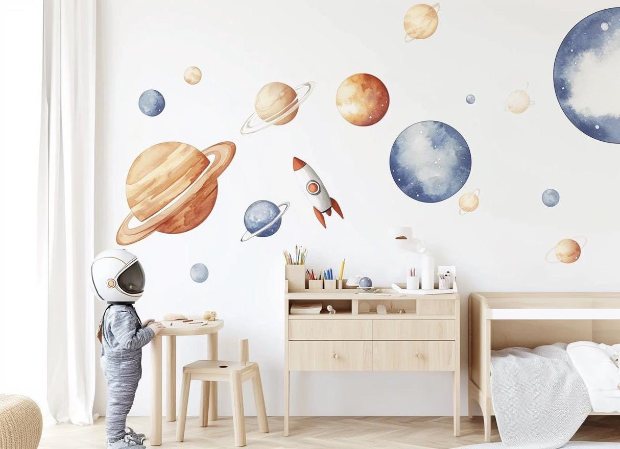 Solar System Wall Decals XXL | Space Wall Sticker Kids Room | Planet & Star Nursery Decor | Self-Adhesive Rocket Wall Art | Baby Room Mural