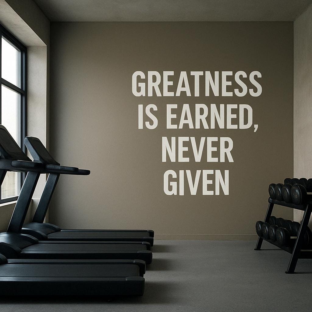 Motivational wall decal in gym reading 'Greatness is earned, never given' on a modern fitness studio wall.