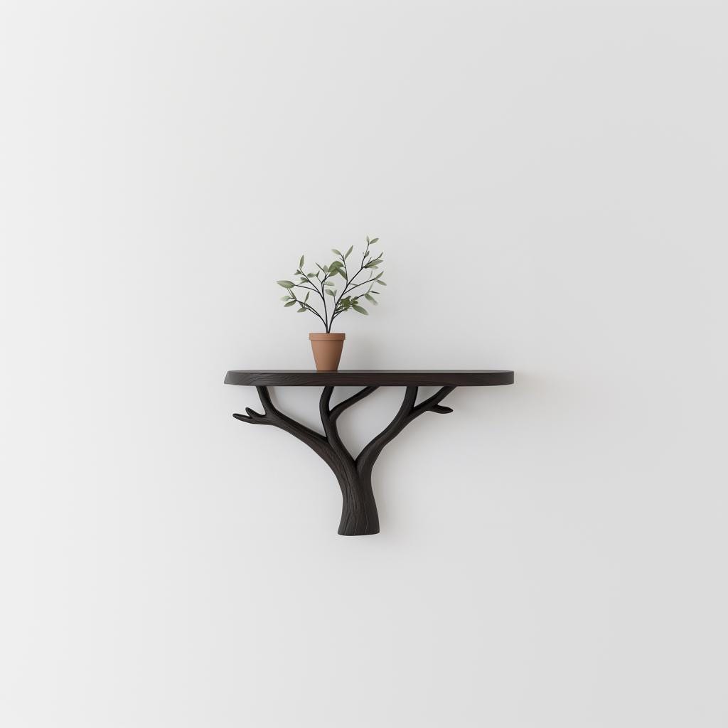 Tree branch wall shelf with a small potted plant, showcasing modern minimalist decor and nature-inspired design.