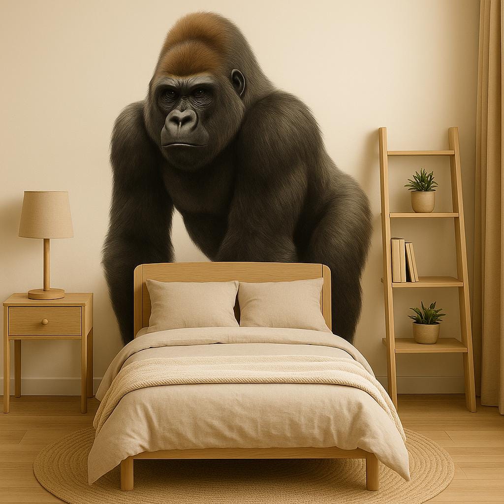 Realistic gorilla wall decal in a kids bedroom, creating a jungle safari theme for nursery decor.