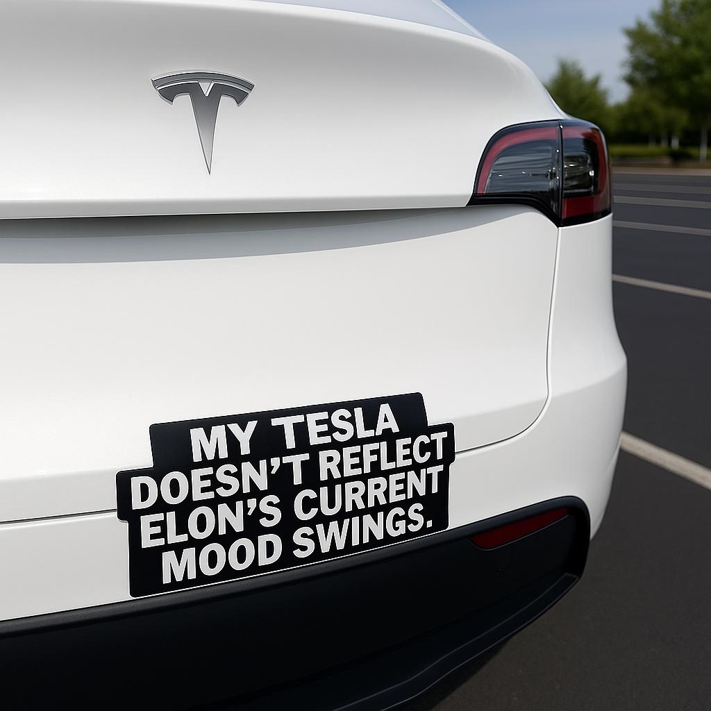 My Tesla bumper sticker with humorous message about Elon Musk's mood swings on a white Tesla.