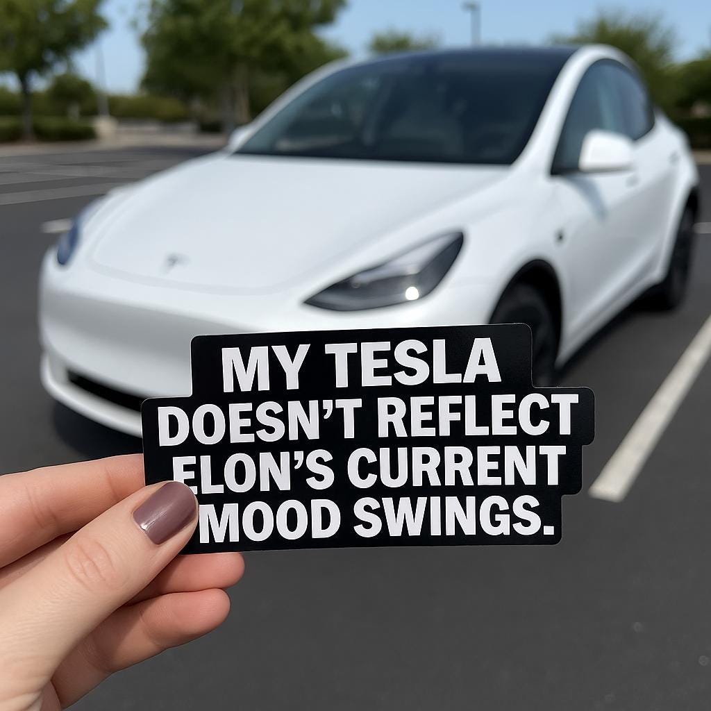Tesla bumper sticker reading 'My Tesla Doesn’t Reflect Elon’s Current Mood Swings' in front of a Model Y.