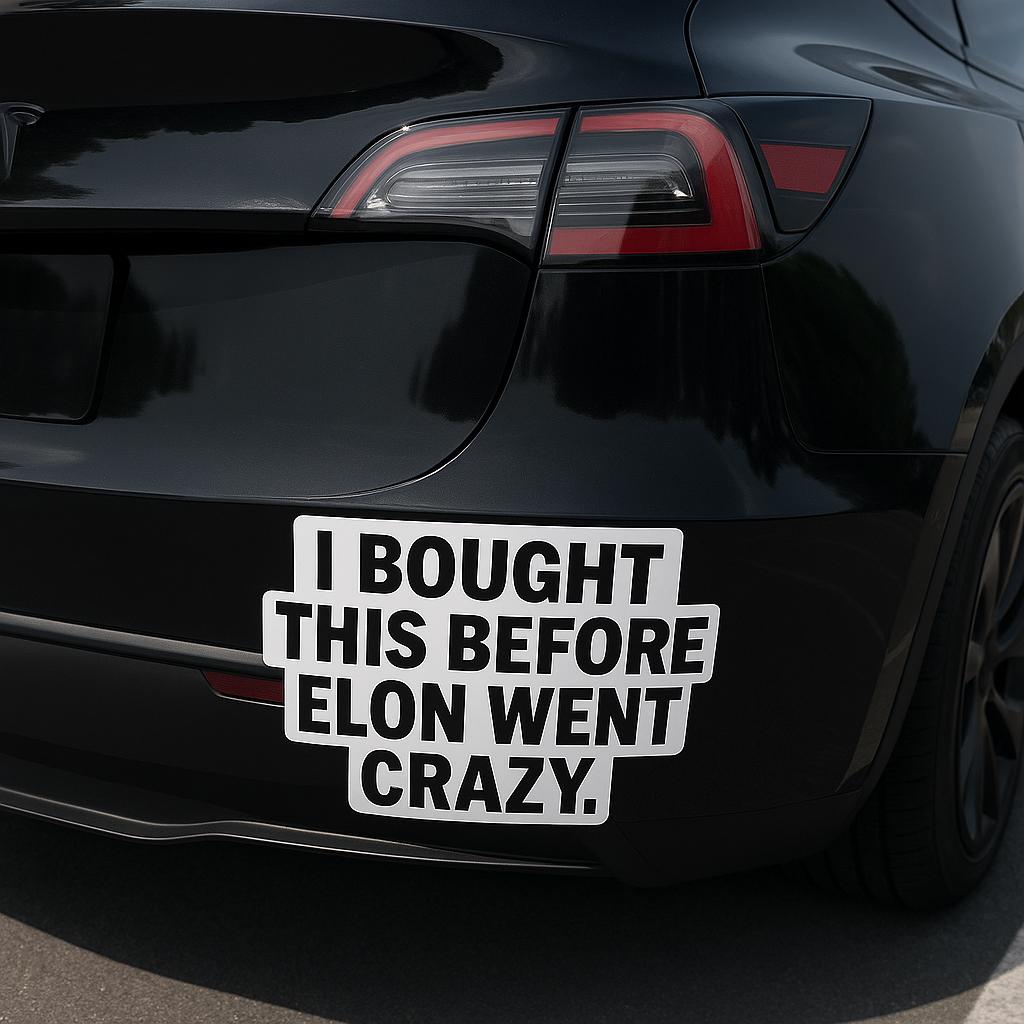 Tesla bumper sticker reading 'I Bought This Before Elon Went Crazy' on a black car.