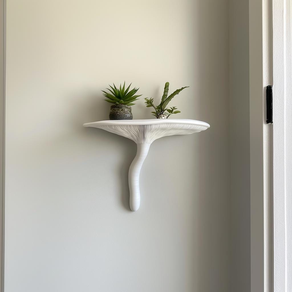 Mushroom wall shelf showcasing plants, adding nature-inspired elegance to modern decor.