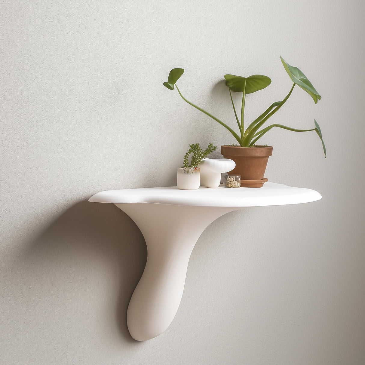 Minimalist white mushroom wall shelf with plants, inspired by Artist's Conk, for modern organic decor.
