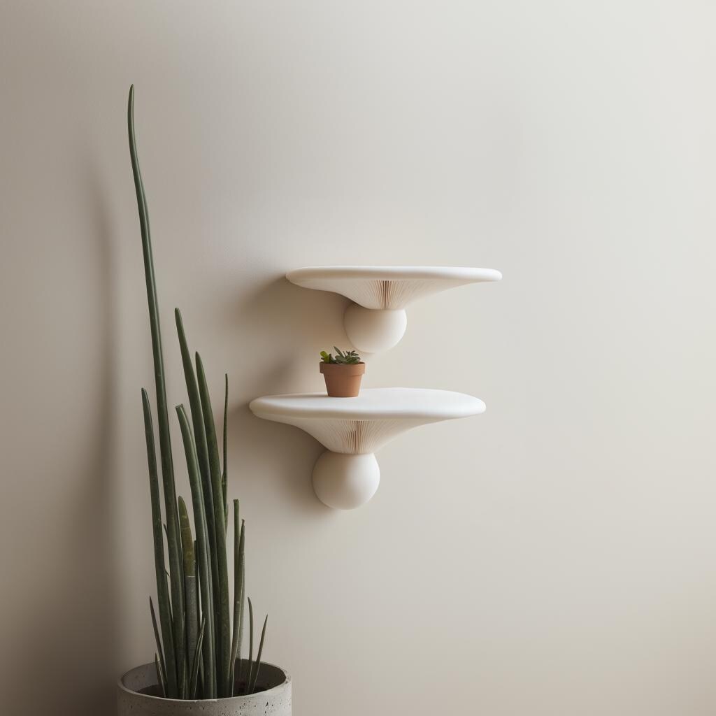 2x honey mushroom inspired 3D printed wall shelves with small plant decor, minimalist fungi accent in home setting.