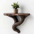 3D printed floating tree shelf with twisting vine design, showcasing a small potted plant on a rustic wall