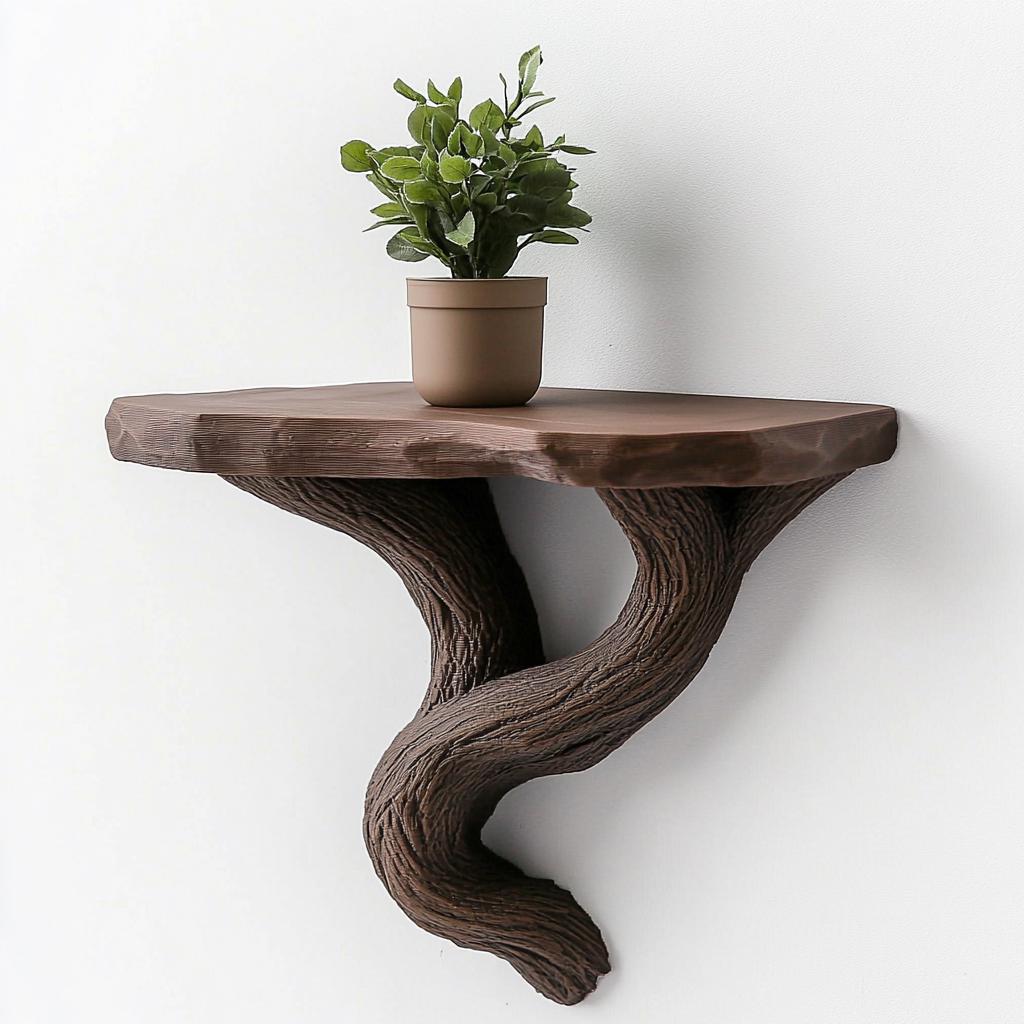 3D printed floating wall shelf resembling tree vines, holding a small potted plant, perfect for nature-inspired decor.