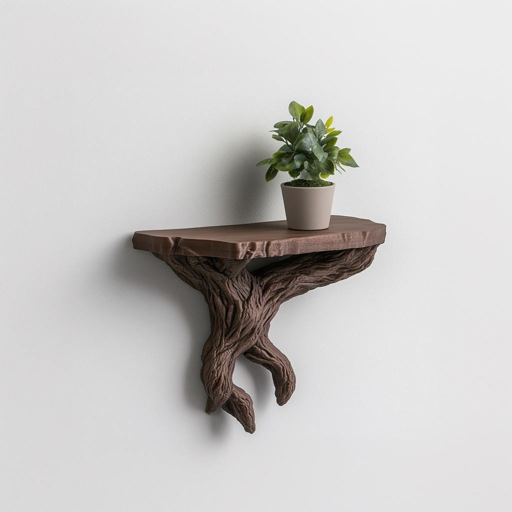 Tree branch wall shelf with a potted plant, showcasing rustic home decor and nature-inspired design.