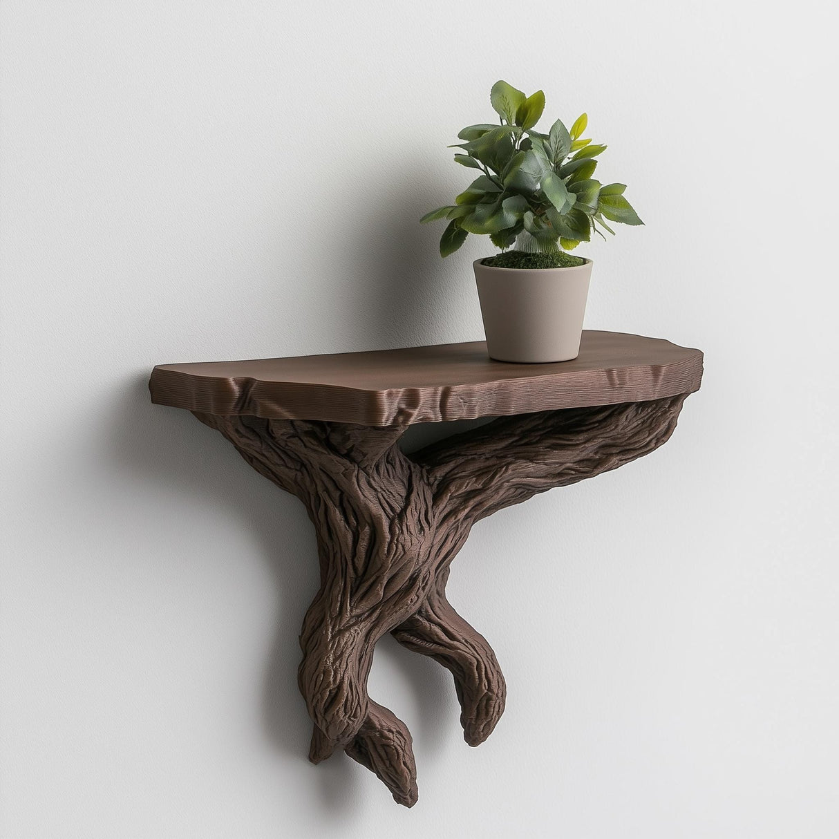 3D printed tree branch wall shelf with a plant, showcasing rustic nature-inspired home decor.