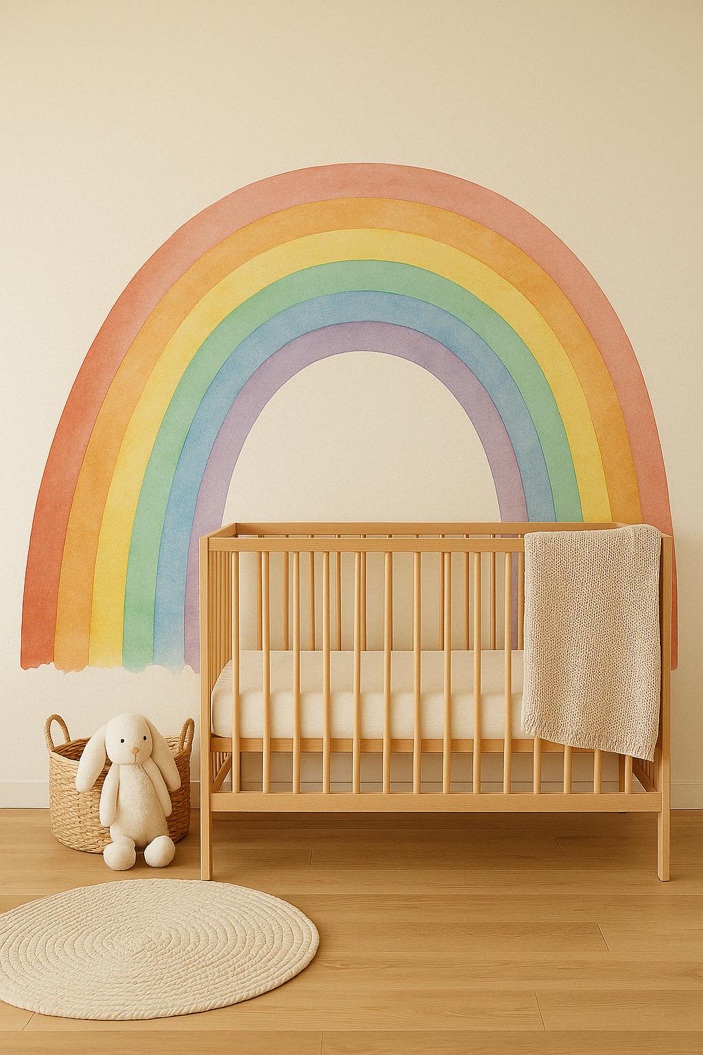 Pastel rainbow wall decal in nursery above a crib, creating a soft and dreamy decor for kids' room.