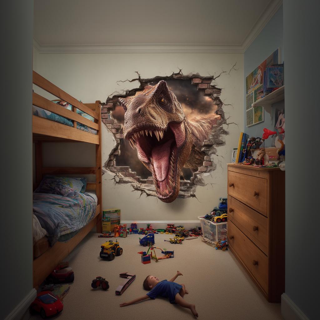 3D T-Rex wall decal bursting through a wall in a child's bedroom, perfect for dinosaur-themed decor.