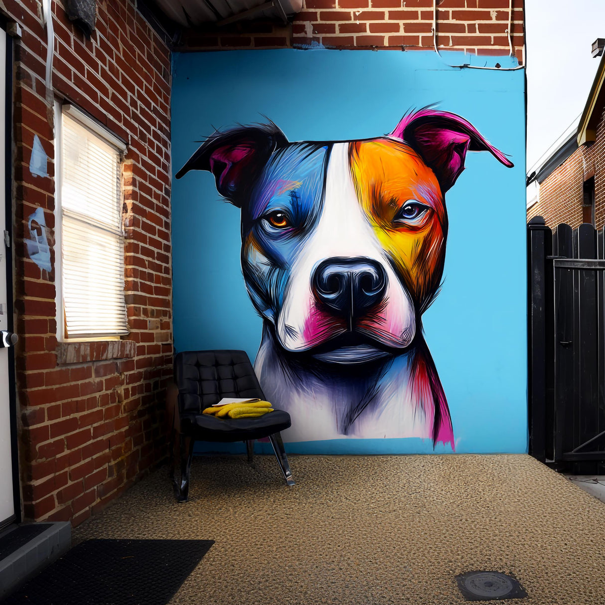 Colorful pitbull wall decal mural with vibrant brush-style details in a modern urban setting.