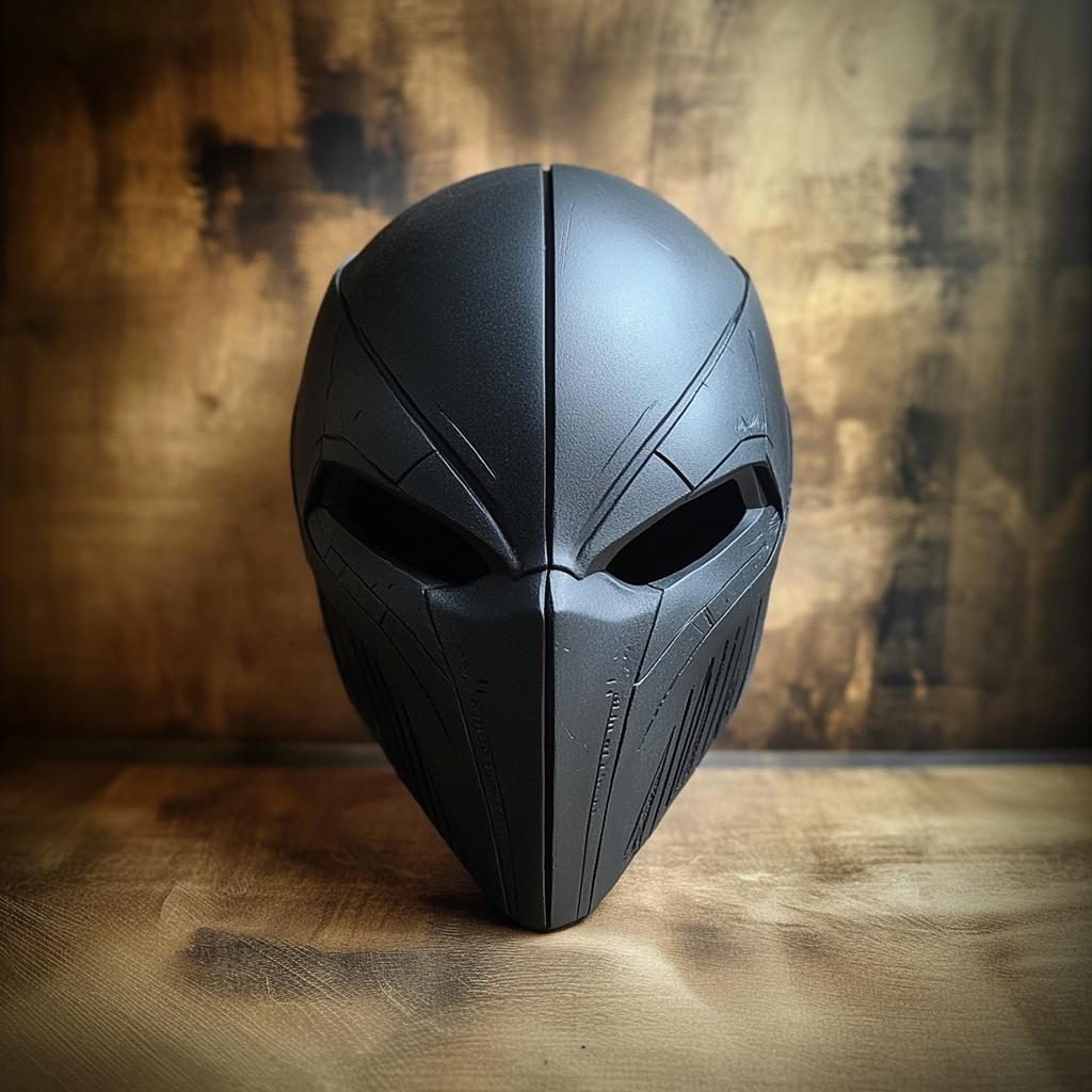 Futuristic matte black 3D printed warrior face mask for cosplay and LARP events.