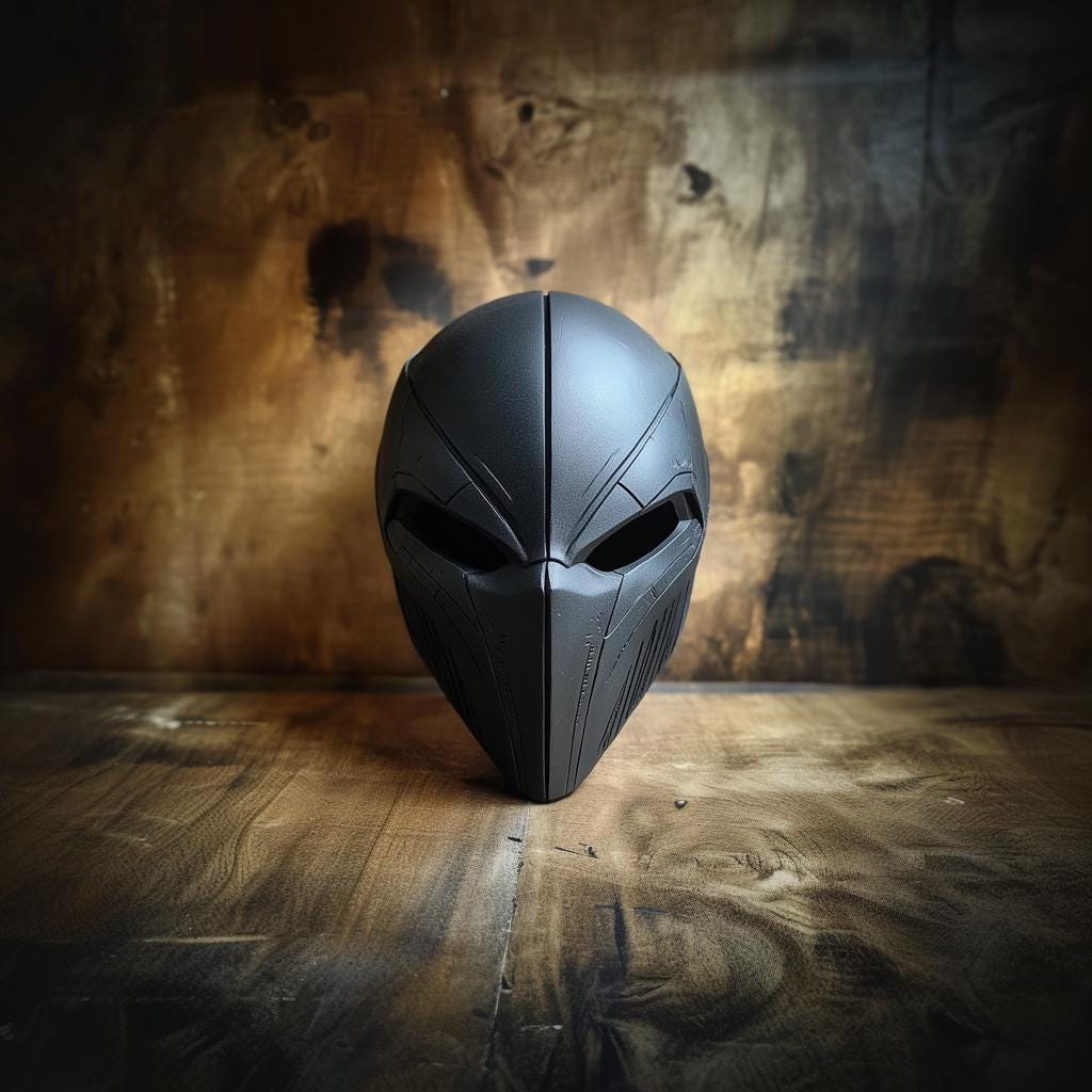 Futuristic warrior face mask in matte black, 3D printed for cosplay, LARP, and Halloween costumes.