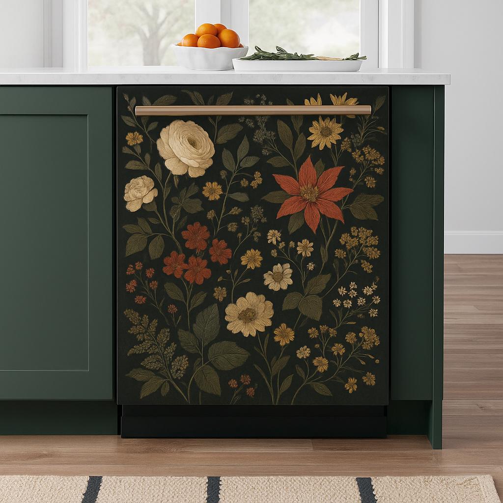 Dishwasher Magnet Cover Vintage Floral | Dark Botanical Kitchen Decal | Magnetic or Vinyl Wrap | Self-Adhesive Glow Floral Kitchen Decor
